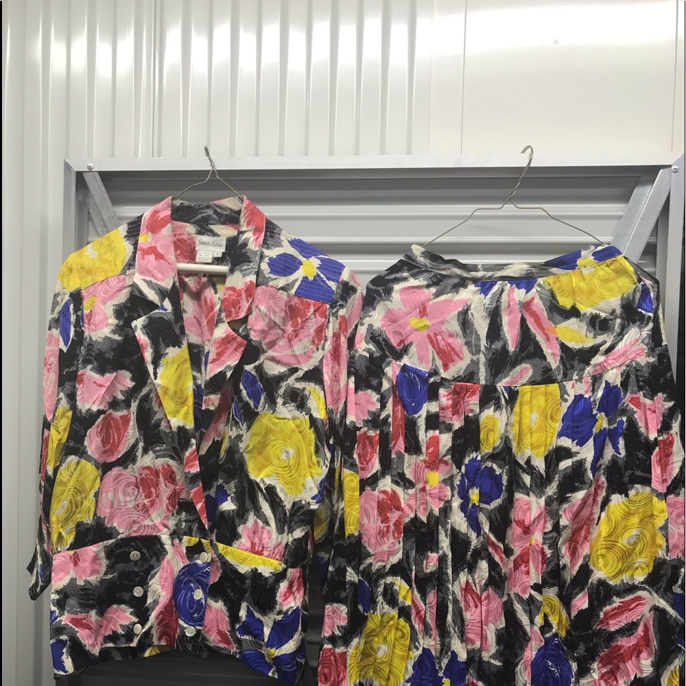 Newman Marcus woman’s floral jacket and skirt.